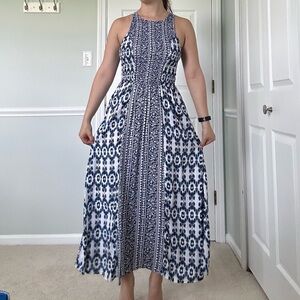 Blue and white patterned maxi dress